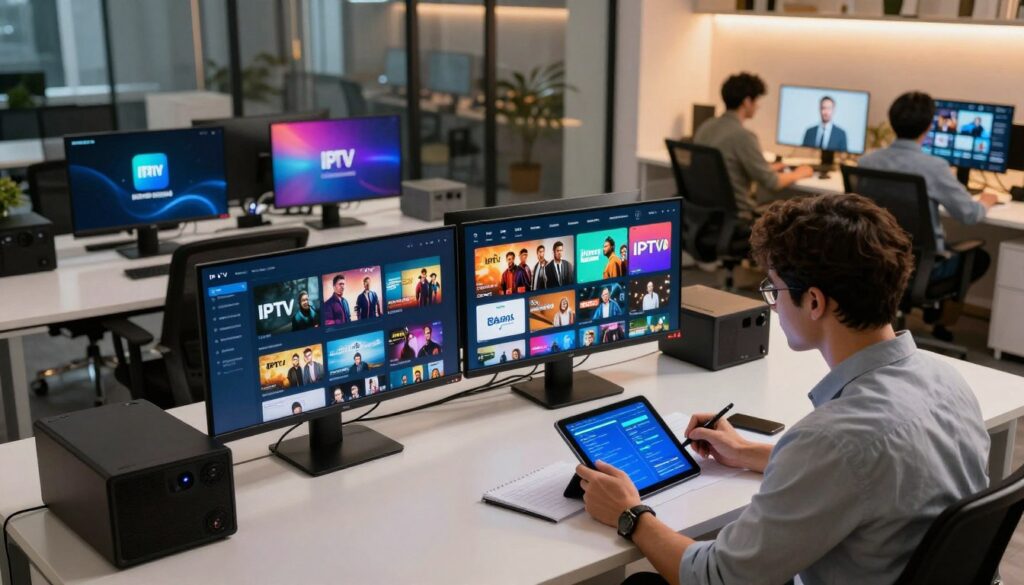 A modern workspace showcasing the best IPTV services, featuring sleek digital screens displaying various IPTV logos and channel interfaces. In the foreground, a professional business analyst, dressed in smart casual attire, is observing data on a tablet, jotting down notes. The middle ground includes multiple high-definition monitors, highlighting content variety like movies, sports, and live events, reflecting engagement in the digital entertainment landscape. The background is an open office space with glass walls, surrounded by tech gadgets and light accentuated by warm LED lighting. The atmosphere is vibrant and tech-savvy, exuding innovation and collaboration, captured with a slight overhead angle to emphasize the dynamic workspace.