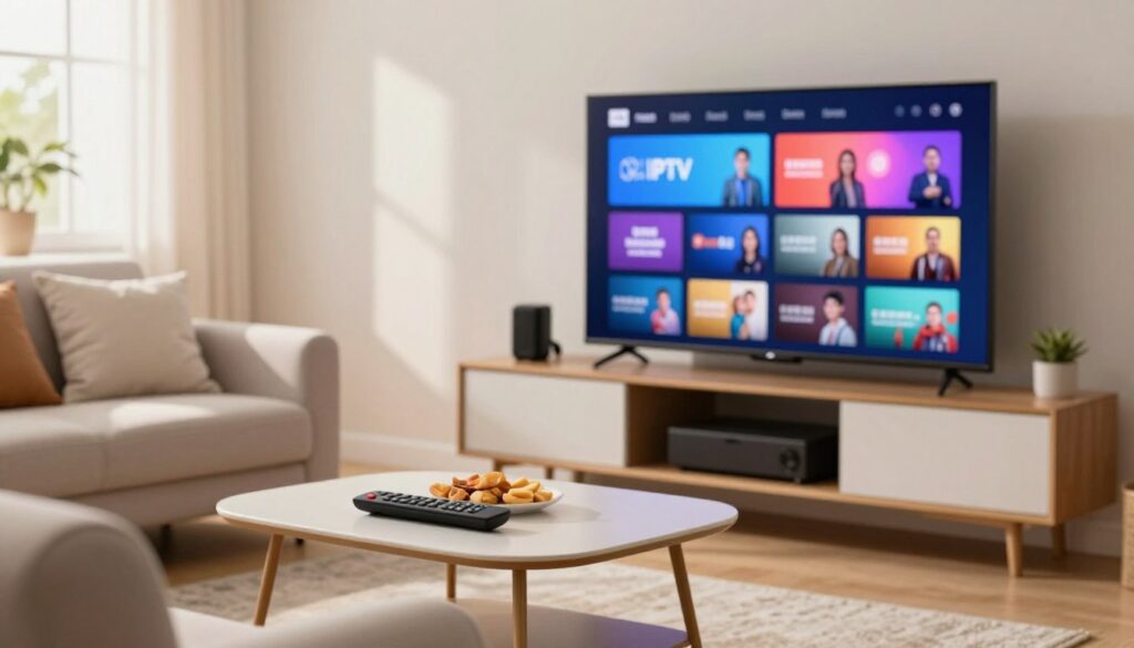 A serene living room setting featuring a cozy couch with soft cushions, a sleek television displaying various IPTV channel options in vibrant colors. In the foreground, a stylish coffee table holds a remote control and snacks, creating an inviting atmosphere. The middle ground showcases a modern entertainment unit filled with streaming devices, emphasizing the accessibility of affordable IPTV subscriptions. The background reveals a window with natural light streaming in, illuminating the space with a warm glow. Use a shallow depth of field to focus on the details of the IPTV setup, capturing the essence of seamless streaming. The mood should be relaxed and welcoming, highlighting the benefits of easy access to entertainment through IPTV services. A serene living room setting featuring a cozy couch with soft cushions, a sleek television displaying various IPTV channel options in vibrant colors. In the foreground, a stylish coffee table holds a remote control and snacks, creating an inviting atmosphere. The middle ground showcases a modern entertainment unit filled with streaming devices, emphasizing the accessibility of affordable IPTV subscriptions. The background reveals a window with natural light streaming in, illuminating the space with a warm glow. Use a shallow depth of field to focus on the details of the IPTV setup, capturing the essence of seamless streaming. The mood should be relaxed and welcoming, highlighting the benefits of easy access to entertainment through IPTV services.