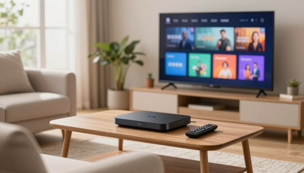 A serene living room setting featuring a neatly arranged coffee table with a modern IPTV box and a remote control. In the foreground, a cozy couch with throw pillows invites viewers in. Middle ground includes a large flat-screen TV displaying colorful streaming icons symbolizing various channels. The background shows a window with soft natural light filtering in, creating a warm atmosphere. Include a potted plant in the corner for a touch of greenery. The overall mood is relaxed and inviting, conveying the ease of access to affordable entertainment options. Use a slightly angled perspective to enhance depth, with a focus on the IPTV box and streaming interface, ensuring everything remains within a clean, professional context.