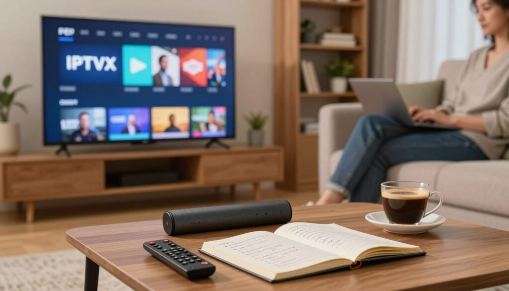 A sleek and modern living room scene featuring a Firestick plugged into a smart TV displaying an IPTV player interface. In the foreground, a well-organized coffee table with a remote control, a notebook filled with written questions, and a cup of coffee, setting an inviting atmosphere. The middle ground showcases the comfortable couch where someone is sitting, deeply engaged in the TV content, wearing casual yet tidy clothing. Soft, warm lighting creates a cozy ambiance, while the background reveals subtle decor elements like a bookshelf and house plants, enhancing the inviting feel. The scene captures the essence of exploring IPTV players, providing a relatable, informative, and engaging atmosphere. A sleek and modern living room scene featuring a Firestick plugged into a smart TV displaying an IPTV player interface. In the foreground, a well-organized coffee table with a remote control, a notebook filled with written questions, and a cup of coffee, setting an inviting atmosphere. The middle ground showcases the comfortable couch where someone is sitting, deeply engaged in the TV content, wearing casual yet tidy clothing. Soft, warm lighting creates a cozy ambiance, while the background reveals subtle decor elements like a bookshelf and house plants, enhancing the inviting feel. The scene captures the essence of exploring IPTV players, providing a relatable, informative, and engaging atmosphere.