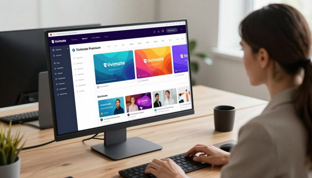 A sleek and modern open workspace featuring a large computer screen displaying the Tivimate Premium app interface. In the foreground, a professional woman in business attire is focused on setting up the app, her hands poised over the keyboard. The middle ground shows a close-up of the screen with vibrant graphics of the Tivimate app, highlighted features like channel customization, and user-friendly navigation. The background includes a stylish, minimalistic office with soft, natural lighting coming from a nearby window, creating a warm and welcoming atmosphere. The image should evoke a sense of ease and professionalism, perfect for illustrating the process of setting up Tivimate Premium in an article. The angle is slightly from above to capture both the user and the screen effectively.