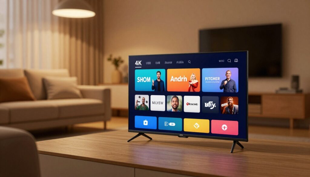A sleek, modern digital device displaying a 4K streaming platform interface in sharp, vibrant colors, placed prominently in the foreground. The background showcases a cozy living room setting with a comfortable sofa, a large flat-screen TV mounted on the wall, and ambient lighting that casts a warm glow throughout the room. Subtle reflections on the TV screen reveal popular streaming platform logos. Soft shadows enhance the textures of the furniture, and the scene is lit with a gentle overhead light, creating an inviting atmosphere. The composition captures the essence of entertainment and relaxation, emphasizing the appeal of 4K streaming technology in a contemporary home environment.