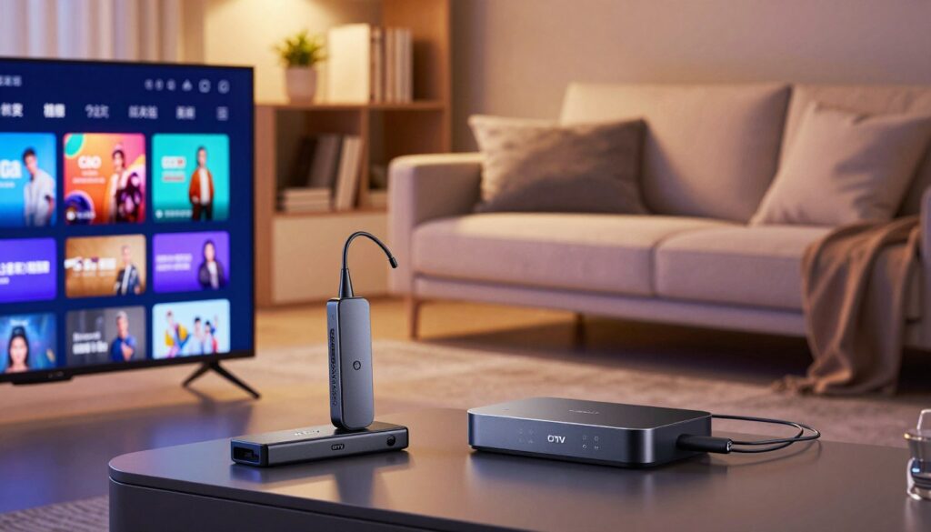 A sleek, modern living room featuring various streaming devices compatible with CA IPTV prominently displayed. In the foreground, a stylish smart TV with a vibrant screen showing a colorful interface of streaming options. To the left, a compact streaming stick plugged into the TV, and to the right, a contemporary streaming box with connections visible. In the middle ground, an ergonomic sofa faces the TV, adorned with plush cushions, creating a cozy viewing space. Soft ambient lighting casts a warm glow, emphasizing the devices. The background includes a tastefully decorated shelf with books and decorative plants, conveying a homey atmosphere. The composition is captured from a slightly elevated angle, creating depth while keeping the focus on the streaming devices. A sleek, modern living room featuring various streaming devices compatible with CA IPTV prominently displayed. In the foreground, a stylish smart TV with a vibrant screen showing a colorful interface of streaming options. To the left, a compact streaming stick plugged into the TV, and to the right, a contemporary streaming box with connections visible. In the middle ground, an ergonomic sofa faces the TV, adorned with plush cushions, creating a cozy viewing space. Soft ambient lighting casts a warm glow, emphasizing the devices. The background includes a tastefully decorated shelf with books and decorative plants, conveying a homey atmosphere. The composition is captured from a slightly elevated angle, creating depth while keeping the focus on the streaming devices.