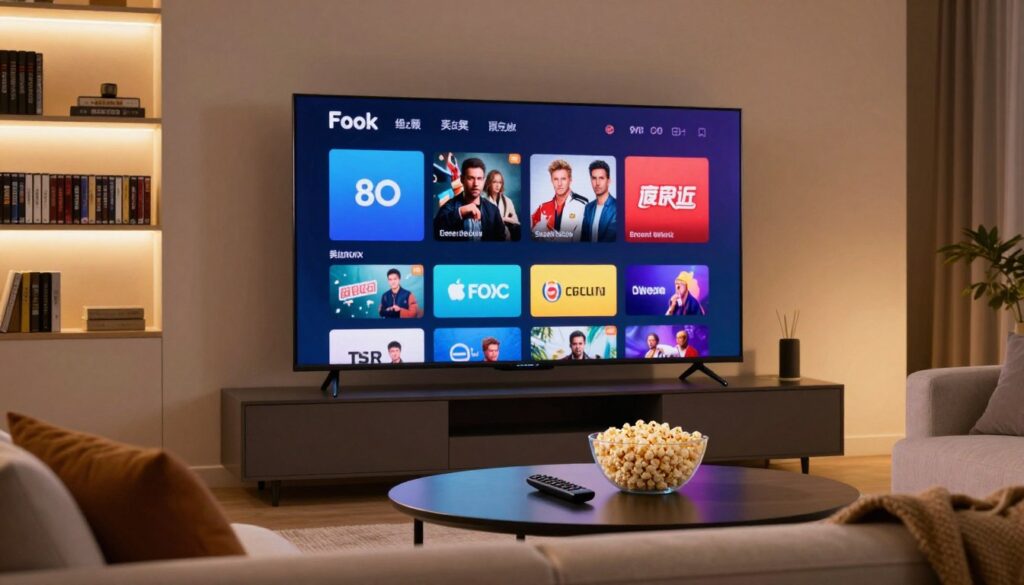 A sleek, modern living room setting centered around a large flat-screen television displaying popular streaming service interfaces. In the foreground, a comfortable sofa adorned with throw pillows invites relaxation, while a stylish coffee table features popcorn and a remote control, suggesting a cozy movie night. The middle ground shows the vibrant TV screen illuminated with bright, eye-catching colors from various streaming logos and categories. In the background, a softly lit shelf displays an array of DVDs and books, hinting at diverse entertainment options. Use warm, ambient lighting to create a welcoming atmosphere, captured from a slightly angled perspective to emphasize depth. The mood is inviting and contemporary, showcasing the best of premium IP television in the UK.