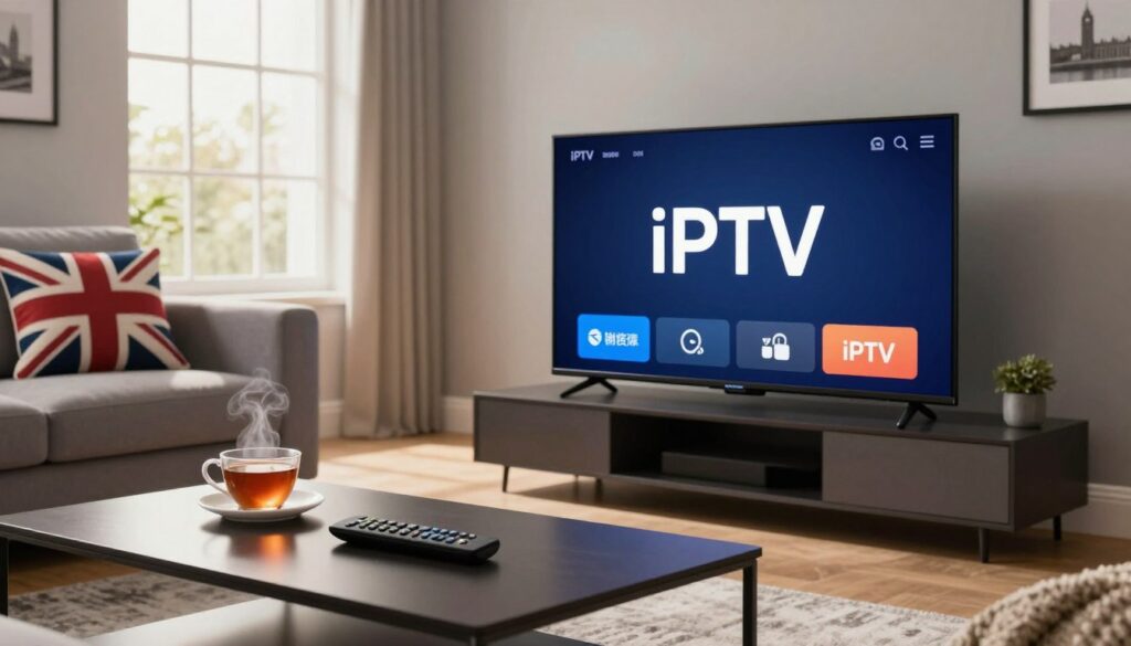 A sleek, modern living room showcasing a high-definition television displaying the logo of a popular IPTV service in the United Kingdom. In the foreground, a stylish coffee table is adorned with a remote control and a steaming cup of tea, symbolizing the cozy British atmosphere. The middle ground features a plush sofa, inviting viewers to relax and enjoy entertainment. The background includes a large window with gentle sunlight filtering through, casting a warm glow. The room is decorated with subtle British-themed accents, like a Union Jack throw pillow and framed pictures of famous UK landmarks. The overall mood is inviting and contemporary, perfect for illustrating IPTV streaming in the UK.