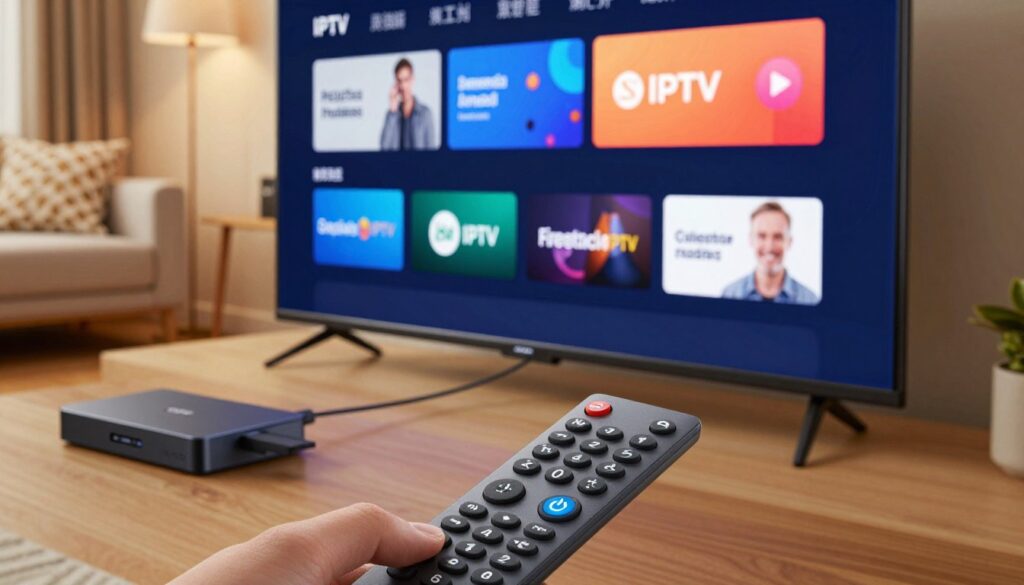 A sleek, modern television displaying a vibrant interface of a top-rated IPTV app for Firestick. In the foreground, a close-up of a user-friendly remote control featuring clearly marked buttons and a glowing power button. The middle ground includes a handsomely designed Firestick device plugged into the HDMI port of the TV. In the background, a cozy living room setting softly illuminated by warm light, creating an inviting atmosphere. A stylish sofa with decorative pillows adds to the ambiance. The mood is tech-savvy yet comfortable, showcasing the ease of use and modern features of the IPTV app. The scene is captured with a slightly elevated angle, emphasizing both the TV and remote in a sharp and engaging focus to appeal to readers interested in technology while ensuring a professional appearance. A sleek, modern television displaying a vibrant interface of a top-rated IPTV app for Firestick. In the foreground, a close-up of a user-friendly remote control featuring clearly marked buttons and a glowing power button. The middle ground includes a handsomely designed Firestick device plugged into the HDMI port of the TV. In the background, a cozy living room setting softly illuminated by warm light, creating an inviting atmosphere. A stylish sofa with decorative pillows adds to the ambiance. The mood is tech-savvy yet comfortable, showcasing the ease of use and modern features of the IPTV app. The scene is captured with a slightly elevated angle, emphasizing both the TV and remote in a sharp and engaging focus to appeal to readers interested in technology while ensuring a professional appearance.