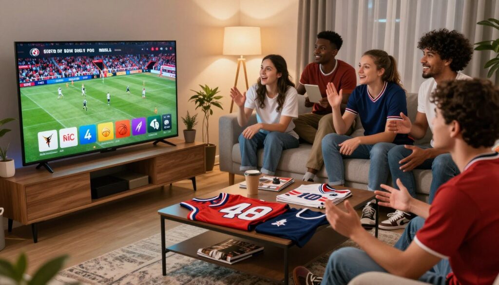 A vibrant and dynamic scene showcasing a media room filled with the latest technology for watching sports. In the foreground, a sleek, modern television displays various popular sports streaming apps and logos. Examples include football, basketball, and hockey icons. In the middle, a well-organized coffee table is adorned with sports memorabilia like jerseys and magazines, enhancing the sporty atmosphere. The background features a cozy couch where a diverse group of friends, dressed in casual sports attire, are engaged in an animated discussion, eagerly watching the game. Soft, ambient lighting creates a warm and inviting environment. The angle is slightly tilted upward, capturing both the excitement on the screen and the joyful expressions of the viewers, evoking a sense of camaraderie and enthusiasm for staying updated on sports events. A vibrant and dynamic scene showcasing a media room filled with the latest technology for watching sports. In the foreground, a sleek, modern television displays various popular sports streaming apps and logos. Examples include football, basketball, and hockey icons. In the middle, a well-organized coffee table is adorned with sports memorabilia like jerseys and magazines, enhancing the sporty atmosphere. The background features a cozy couch where a diverse group of friends, dressed in casual sports attire, are engaged in an animated discussion, eagerly watching the game. Soft, ambient lighting creates a warm and inviting environment. The angle is slightly tilted upward, capturing both the excitement on the screen and the joyful expressions of the viewers, evoking a sense of camaraderie and enthusiasm for staying updated on sports events.
