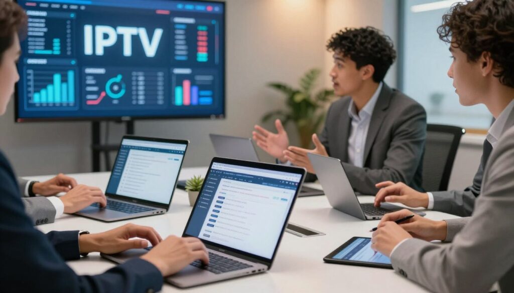 A vibrant and engaging digital workspace featuring a group of diverse professionals discussing internet protocol television (IPTV) on sleek laptops and tablets. In the foreground, a close-up view of hands typing on keyboards and scrolling through discussion forums on screens, showcasing various IPTV topics. In the middle ground, two individuals seated at a modern conference table, engrossed in a lively conversation, dressed in professional business attire. The background shows a large digital screen displaying dynamic graphs and IPTV statistics, infused with a high-tech ambiance. Soft, warm lighting enhances the atmosphere, creating a sense of collaboration and innovation. The setting evokes curiosity about the future of IPTV and community discussions.