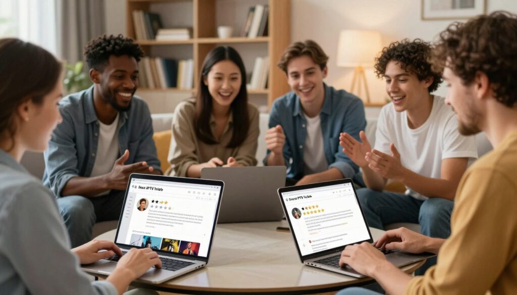 A vibrant digital design illustrating user reviews for free IPTV trials, featuring a diverse group of individuals seated around a modern coffee table in a cozy living room. In the foreground, there are laptops and tablets displaying review websites with star ratings. The middle ground shows the users, a mix of genders and ethnicities, engaged in conversation, dressed casually yet presentably, radiating a sense of enthusiasm and satisfaction. The background features a soft-focus bookshelf filled with movies and shows, complemented by warm, inviting lighting. Capture an atmosphere of camaraderie and excitement, focusing on expressions of delight and engagement, with a slight depth of field to draw attention to the users and their devices, emphasizing a dynamic, contemporary setting.