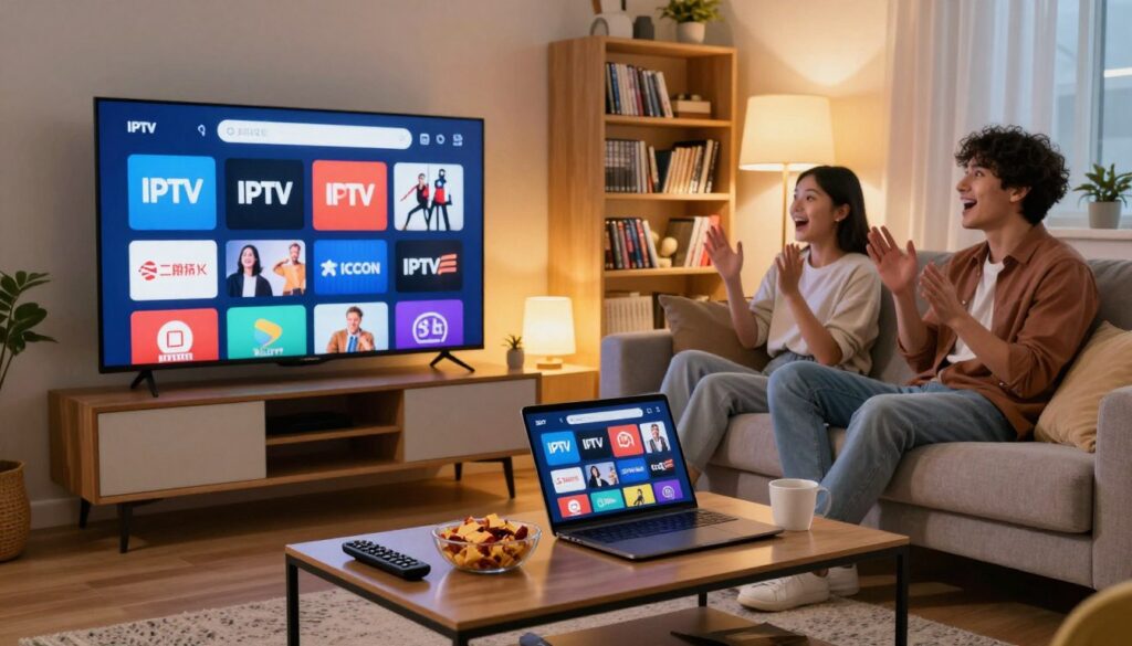 A vibrant living room scene showcasing a large flat-screen TV displaying a variety of IPTV channel logos and icons. In the foreground, a stylish coffee table holds a remote control, snacks, and a laptop displaying a streaming service interface. The middle ground features a comfortable sofa with cushions, where a couple dressed in modest casual clothing is engaged in watching TV, their expressions reflecting excitement and enjoyment. The background includes a softly lit bookshelf filled with DVDs and books, enhancing the cozy atmosphere. Warm lighting from a nearby lamp casts a gentle glow, creating an inviting mood that emphasizes the diverse content available through IPTV. The angle captures the scene from a slightly elevated view, providing a comprehensive perspective of the room.