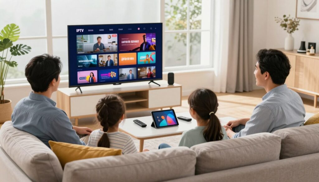 A vibrant living room setting showcasing a modern family enjoying IPTV streaming in Canada. In the foreground, a cozy sofa with plush cushions, where a father and mother, dressed in professional casual attire, are seated with their children, all focused on a large flat-screen TV displaying colorful streaming content. The middle layer features high-tech gadgets like a remote control and a tablet on the coffee table, symbolizing modern technology. In the background, large windows let in bright, natural light, casting a warm glow over the room. The atmosphere is lively and inviting, emphasizing the contrast between IPTV and traditional TV, celebrating the convenience and diversity of streaming services. The image is well-lit, shot from a slightly elevated angle to capture the family dynamic and the entertainment experience.