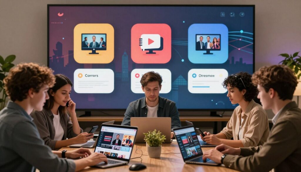 A vibrant online community scene representing popular IPTV forums in the UK. In the foreground, a diverse group of individuals, dressed in professional casual clothing, engage in animated discussions around mobile devices and laptops displaying streaming content. The middle ground features stylized, colorful icons symbolizing streaming platforms and discussions about TV shows and movies. In the background, an abstract representation of the digital landscape, including blurred silhouettes of the UK skyline and network cables, suggests connectivity. The lighting is warm and inviting, with a soft focus effect to create a cozy atmosphere. Capture a sense of camaraderie and enthusiasm for streaming technology in a safe and professional context.