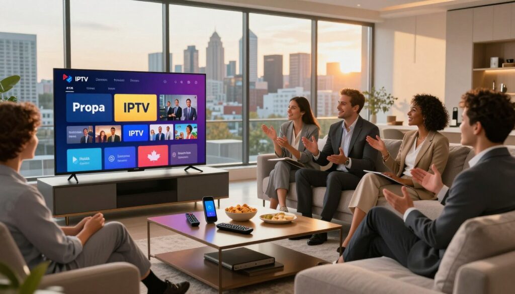 A visually engaging depiction of the concept of top IPTV providers in Canada. In the foreground, a sleek modern living room featuring a high-definition television with colorful streaming interface displayed. A diverse group of individuals in professional business attire, engaged in lively conversation, are seated comfortably on a stylish sofa. In the middle ground, a vibrant coffee table holds remotes, snacks, and smart devices illustrating seamless connectivity. In the background, large windows offer a view of a picturesque Canadian city skyline bathed in warm golden hour light, creating a welcoming atmosphere. The scene exudes a sense of enjoyment and ease, highlighting the modernity of IPTV services while emphasizing a community vibe. The composition is captured with a warm color palette and a slight depth of field, ensuring focus on the lively interaction around the television. A visually engaging depiction of the concept of top IPTV providers in Canada. In the foreground, a sleek modern living room featuring a high-definition television with colorful streaming interface displayed. A diverse group of individuals in professional business attire, engaged in lively conversation, are seated comfortably on a stylish sofa. In the middle ground, a vibrant coffee table holds remotes, snacks, and smart devices illustrating seamless connectivity. In the background, large windows offer a view of a picturesque Canadian city skyline bathed in warm golden hour light, creating a welcoming atmosphere. The scene exudes a sense of enjoyment and ease, highlighting the modernity of IPTV services while emphasizing a community vibe. The composition is captured with a warm color palette and a slight depth of field, ensuring focus on the lively interaction around the television.