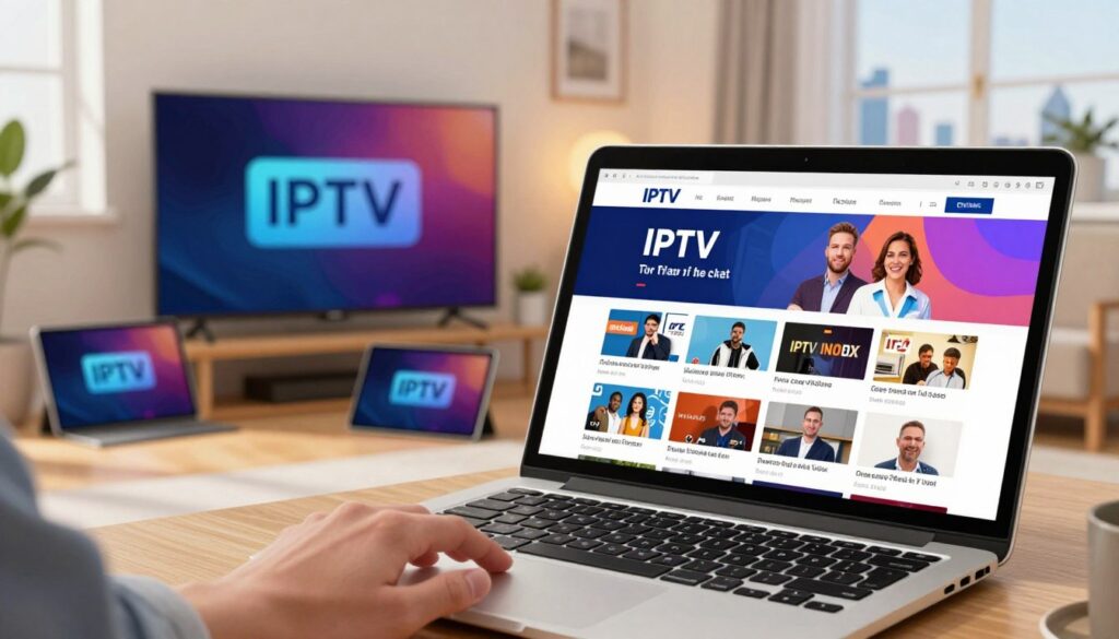 A visually engaging illustration depicting the process of accessing free IPTV trials in the UK. In the foreground, a laptop displays a vibrant IPTV interface on the screen, showcasing various channel options. A hand hovers over the keyboard, suggesting interaction. In the middle ground, an array of electronic devices like a smart TV and tablet are visible, symbolizing multiple ways to enjoy IPTV. The background features a cozy living room setting with modern decor, subtle warm lighting to create an inviting atmosphere. A window reveals a hint of the UK skyline, emphasizing the geographical context. The overall mood is informative yet relaxed, inviting readers to explore the world of IPTV.