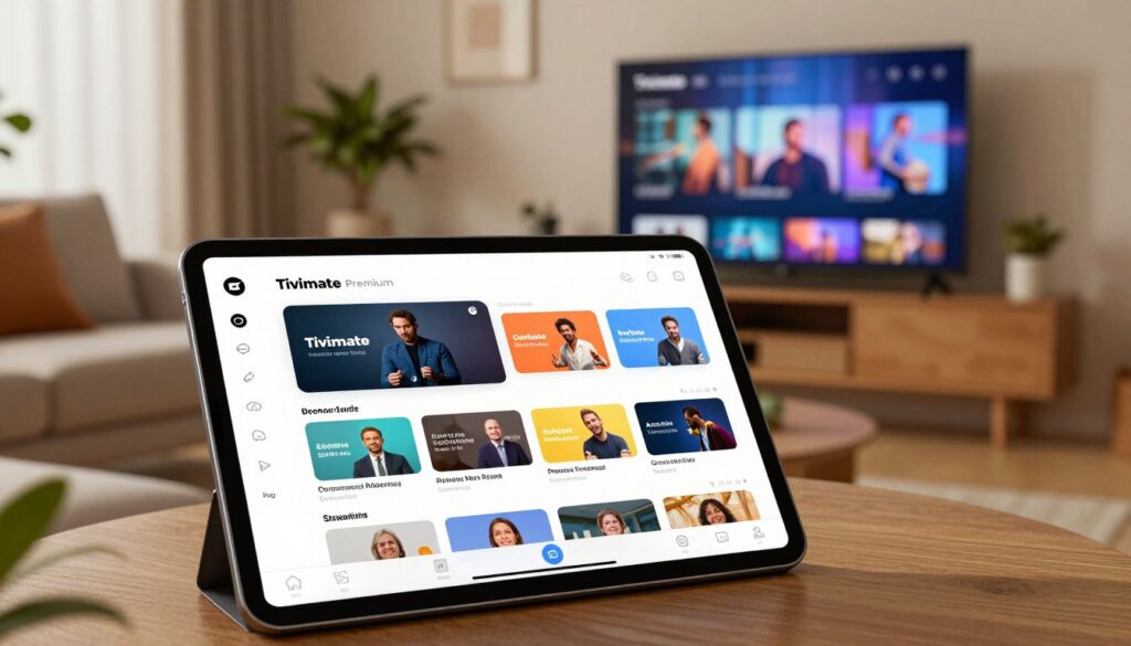 A visually engaging illustration of the key features of Tivimate Premium, with a modern tablet screen at the forefront displaying its user interface. The interface should showcase streaming options like categories, personalized recommendations, and an intuitive layout. In the middle ground, a cozy living room setting enhances the viewing experience, featuring a stylish couch and soft lighting for a relaxed atmosphere. In the background, a flat-screen TV displays dynamic visuals of Tivimate’s features, surrounded by decorative elements like houseplants. Use warm, inviting lighting to create a welcoming mood. The camera angle is slightly above eye-level, providing a comprehensive view of the scene while keeping it sleek and professional. No text or branding should be present in the image.