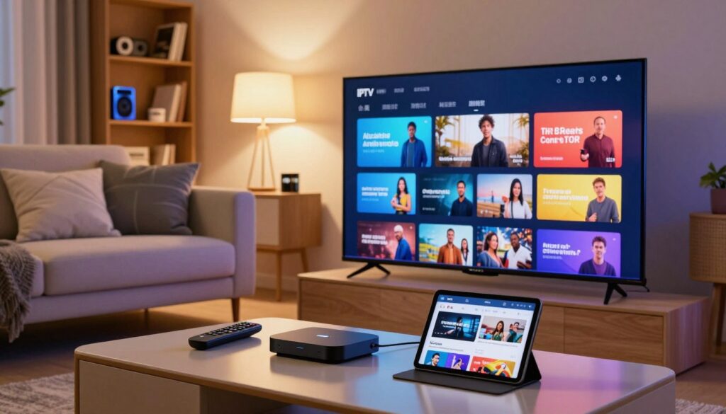 A visually engaging representation of an IPTV setup in a modern, sleek living room environment. In the foreground, a stylish flat-screen television displays vibrant, diverse streaming content. On a polished coffee table, there are various devices: a remote control, a streaming box, and a tablet showing an IPTV trial subscription page. In the middle ground, a comfortable sofa is adorned with decorative cushions, hinting at informal family gatherings. The background features a cozy bookshelf with tech gadgets and books about media consumption. Soft, warm lighting radiates from lamps, creating an inviting atmosphere. Use a wide-angle lens perspective to capture the entire scene, conveying a sense of modernity and accessibility in entertainment options.