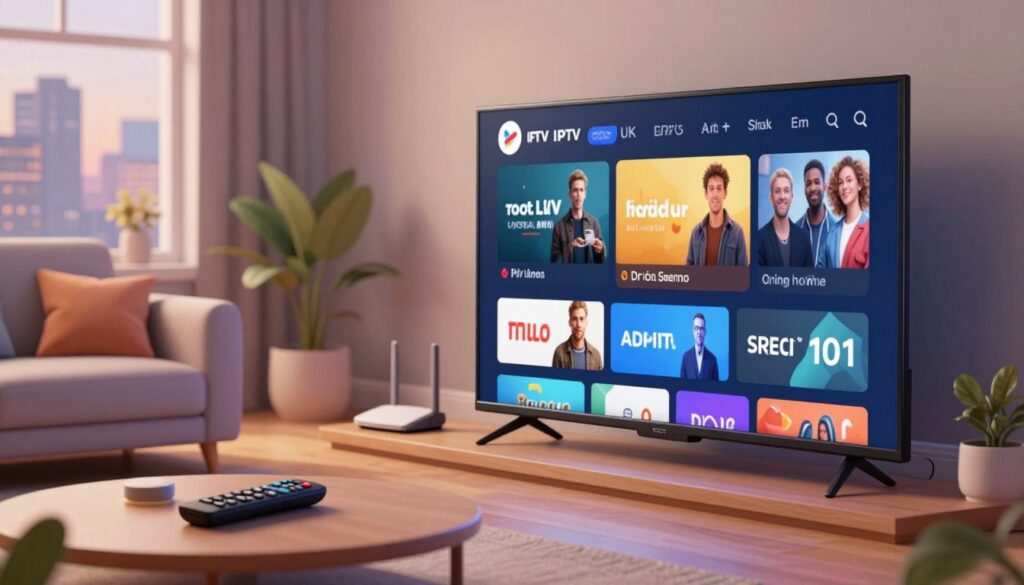 A visually striking digital illustration depicting the concept of the best IPTV service providers in the UK. In the foreground, a sleek television displaying various streaming options with icons representing popular channels. In the middle ground, a modern living room setting featuring a stylish couch, a coffee table with a remote control, and a Wi-Fi router, conveying a cozy home entertainment atmosphere. The background subtly shows a city skyline through a window, symbolizing connectivity. Soft, warm lighting enhances the inviting mood, while a slight depth of field effect draws focus to the TV screen. The overall ambiance is contemporary and professional, reflecting the quality and innovation of top IPTV services. A visually striking digital illustration depicting the concept of the best IPTV service providers in the UK. In the foreground, a sleek television displaying various streaming options with icons representing popular channels. In the middle ground, a modern living room setting featuring a stylish couch, a coffee table with a remote control, and a Wi-Fi router, conveying a cozy home entertainment atmosphere. The background subtly shows a city skyline through a window, symbolizing connectivity. Soft, warm lighting enhances the inviting mood, while a slight depth of field effect draws focus to the TV screen. The overall ambiance is contemporary and professional, reflecting the quality and innovation of top IPTV services.