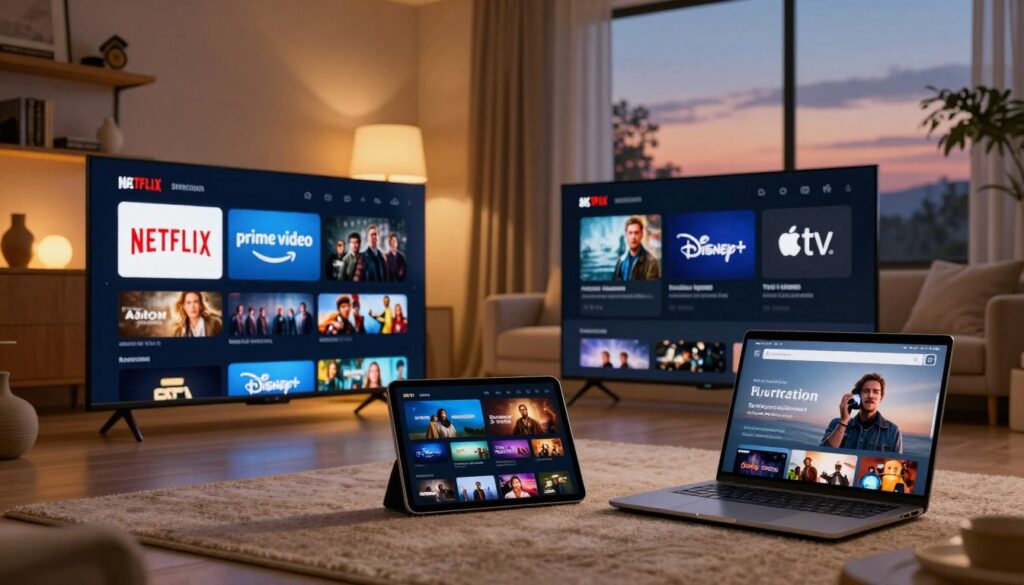 A visually striking image showcasing the top four 4K movie streaming sites. In the foreground, display elegant, modern devices such as a smart TV, tablet, and laptop, each prominently featuring the interfaces of popular streaming services like Netflix, Amazon Prime Video, Disney+, and Apple TV+. In the middle, include a cozy living room setting with plush seating and a softly glowing ambiance from warm lights, creating an inviting atmosphere for movie watching. The background should feature shelves lined with film-related decor and a large window revealing a twilight sky. Use cinematic lighting to enhance the visual depth, with a shallow focus on the devices. Capture a mood of comfort and excitement, making viewers feel eager to discover 4K streaming options. A visually striking image showcasing the top four 4K movie streaming sites. In the foreground, display elegant, modern devices such as a smart TV, tablet, and laptop, each prominently featuring the interfaces of popular streaming services like Netflix, Amazon Prime Video, Disney+, and Apple TV+. In the middle, include a cozy living room setting with plush seating and a softly glowing ambiance from warm lights, creating an inviting atmosphere for movie watching. The background should feature shelves lined with film-related decor and a large window revealing a twilight sky. Use cinematic lighting to enhance the visual depth, with a shallow focus on the devices. Capture a mood of comfort and excitement, making viewers feel eager to discover 4K streaming options.