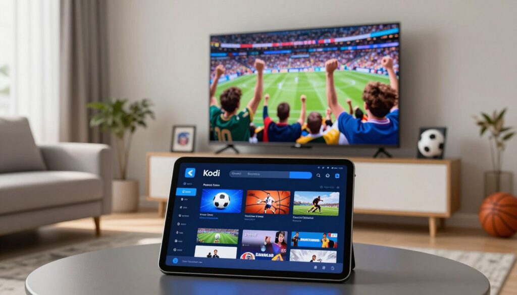 A visually striking representation of popular Kodi sports add-ons, featuring a dynamic display of various sports streaming icons like football, basketball, and hockey, arranged in an engaging layout. In the foreground, a sleek tablet shows the Kodi interface with the add-ons prominently on the screen, illuminated by a soft blue light. In the middle ground, a cozy living room setting with a modern couch and sports memorabilia enhances the atmosphere, capturing the essence of live sports excitement. The background features a large, vibrant flat-screen TV showcasing a live sports event, with cheering fans visible. The overall mood is lively and energetic, emphasizing the thrill of sports streaming at home. Natural light streams in, creating a warm and inviting ambiance. A visually striking representation of popular Kodi sports add-ons, featuring a dynamic display of various sports streaming icons like football, basketball, and hockey, arranged in an engaging layout. In the foreground, a sleek tablet shows the Kodi interface with the add-ons prominently on the screen, illuminated by a soft blue light. In the middle ground, a cozy living room setting with a modern couch and sports memorabilia enhances the atmosphere, capturing the essence of live sports excitement. The background features a large, vibrant flat-screen TV showcasing a live sports event, with cheering fans visible. The overall mood is lively and energetic, emphasizing the thrill of sports streaming at home. Natural light streams in, creating a warm and inviting ambiance.