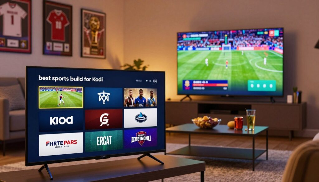 A visually striking representation of the "best sports build for Kodi" in an immersive digital setting. In the foreground, showcase a sleek Kodi interface featuring a variety of sports logos and banners, all arranged seamlessly. In the middle ground, display a modern living room with a large TV mounted on the wall, where a vibrant sports game is being streamed, illuminated by dynamic colors. Include a stylish coffee table adorned with snacks and drinks, creating a casual viewing atmosphere. The background features a wall with framed sports memorabilia, such as jerseys and trophies, to enhance the theme. The lighting should be warm and inviting, suggesting a cozy sports night, while capturing the excitement of live sports. The image should be well-composed, using a slightly wide angle to bring depth and context. A visually striking representation of the "best sports build for Kodi" in an immersive digital setting. In the foreground, showcase a sleek Kodi interface featuring a variety of sports logos and banners, all arranged seamlessly. In the middle ground, display a modern living room with a large TV mounted on the wall, where a vibrant sports game is being streamed, illuminated by dynamic colors. Include a stylish coffee table adorned with snacks and drinks, creating a casual viewing atmosphere. The background features a wall with framed sports memorabilia, such as jerseys and trophies, to enhance the theme. The lighting should be warm and inviting, suggesting a cozy sports night, while capturing the excitement of live sports. The image should be well-composed, using a slightly wide angle to bring depth and context.