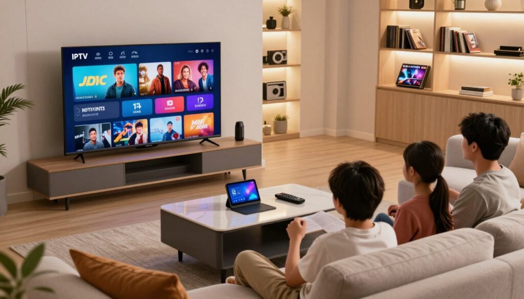 A modern living room scene showcasing the benefits of IPTV in 2026. In the foreground, a sleek flat-screen television displays vibrant streaming content. A family of four, dressed in casual clothing, sits together on a comfortable couch, actively engaged with the show. The middle ground features a stylish coffee table with smart devices and remote controls scattered about, indicating a tech-savvy environment. In the background, gently lit shelves are adorned with a variety of entertainment options, including games and books. Soft, warm lighting creates an inviting atmosphere, emphasizing comfort and togetherness. The angle of the shot is slightly above eye level, capturing the interaction between the family and the entertainment, reflecting a modern, connected lifestyle.