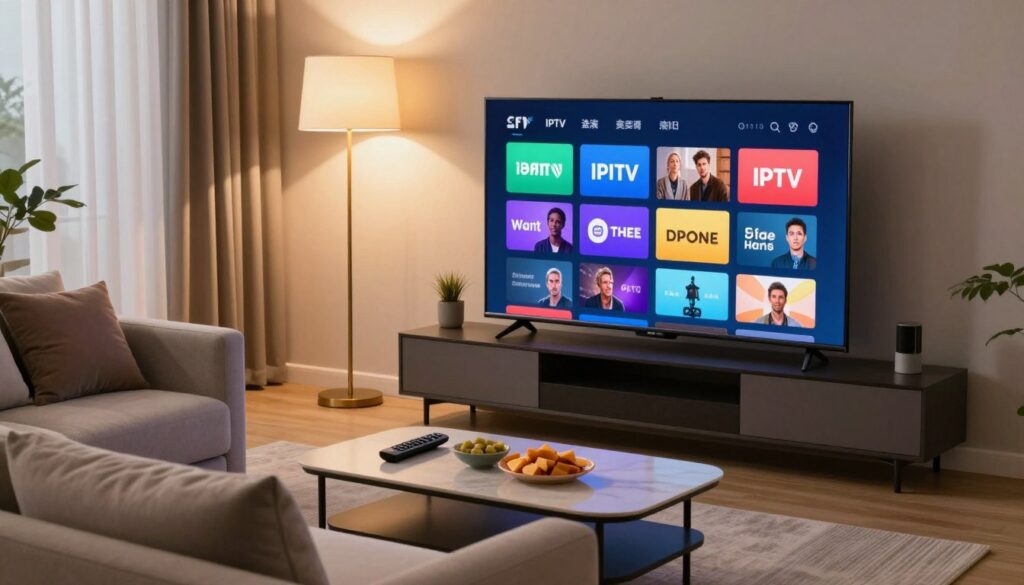 A sleek, modern living room featuring a digital television displaying a vibrant IPTV interface, showcasing colorful streaming options in an intuitive menu. In the foreground, a comfortable sofa with throw pillows invites relaxation. The middle ground highlights the television with a clear, high-definition screen, paired with a stylish coffee table adorned with a remote control and snacks. The background contains soft ambient lighting, enhancing the cozy, inviting atmosphere of the room. A floor lamp emits a warm glow, creating an atmosphere conducive to streaming entertainment. Shot from a slightly elevated angle, showcasing both the television and the inviting seating area, the image exudes a sense of comfort and modern technology, perfect for users navigating IPTV interfaces.